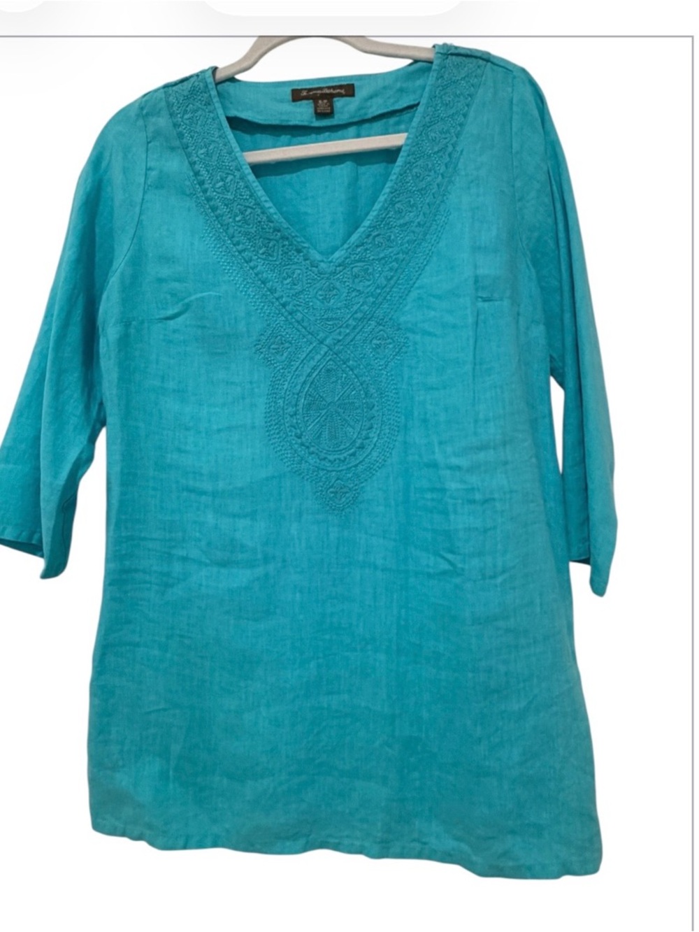 Tommy Bahama Teal Embroidered V-Neck Tunic Tommy Bahama Top size SP Linen